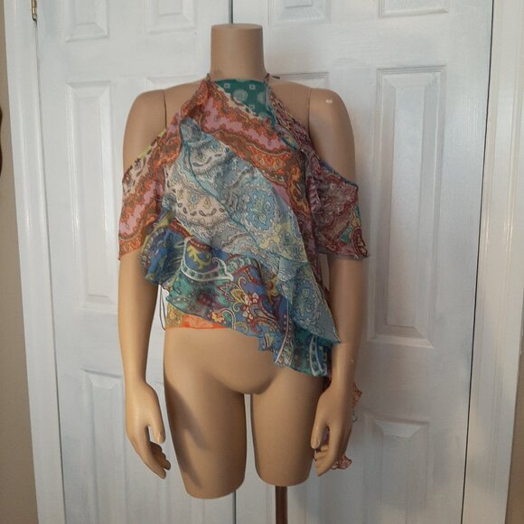 ✨HOST PICK✨ ZARA Blue and Pink Paisley Sheer Flowy Ruffle Top - Size Small - Picture 3 of 9